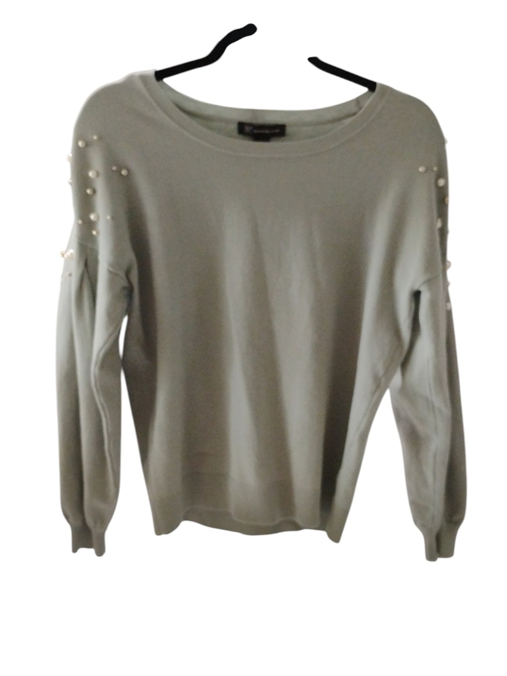 INC International Concepts Light Sage Green Pearl-Embellished Crewneck Sweater S